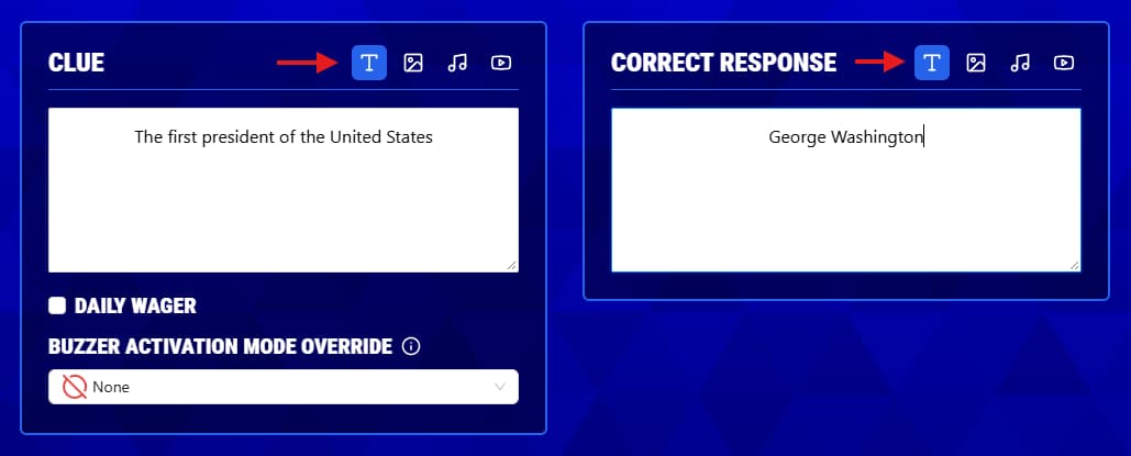 Media type controls for a clue and correct response in the Buzzinga board editor