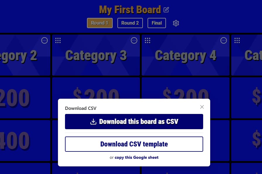 Download CSV window with options to download the current board, download the CSV template, or copy the Google Sheet