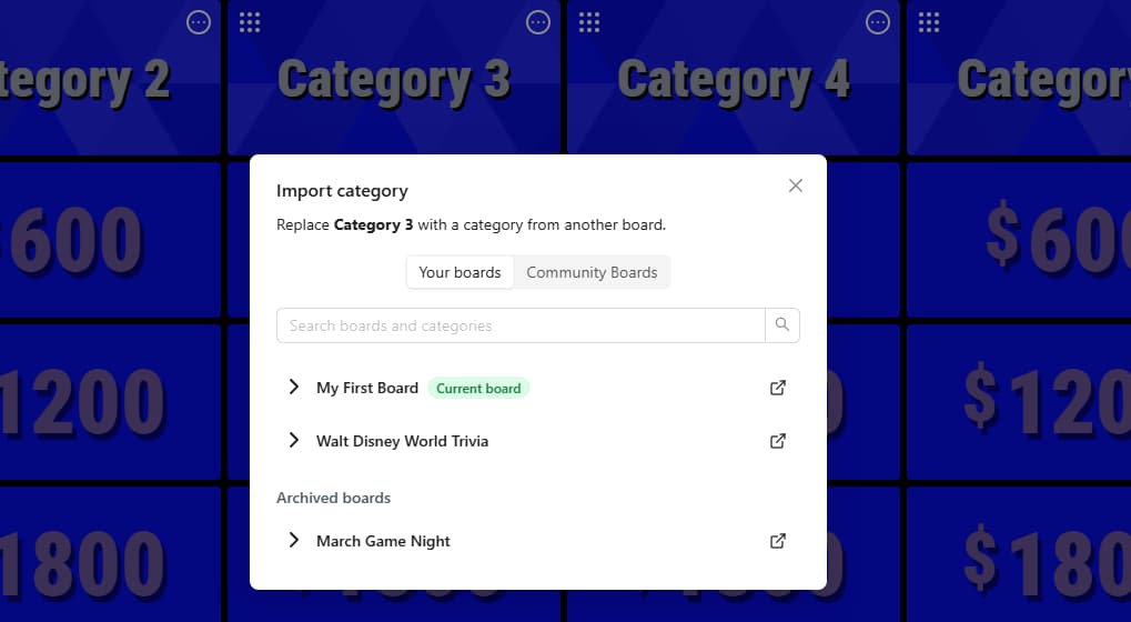Import category window with Your boards and Community Boards options