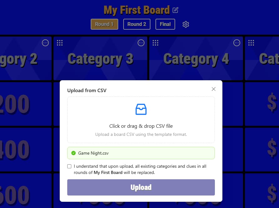 Upload from CSV window with a validated file, replacement confirmation, and Upload button