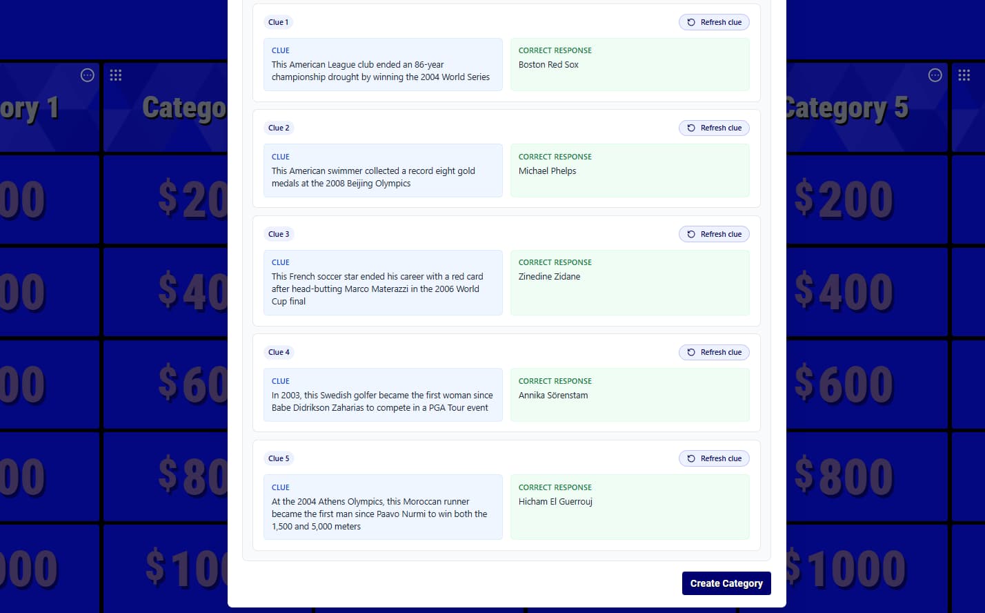 Generated AI category draft with five clue-and-response pairs, Refresh clue buttons, and a Create Category button