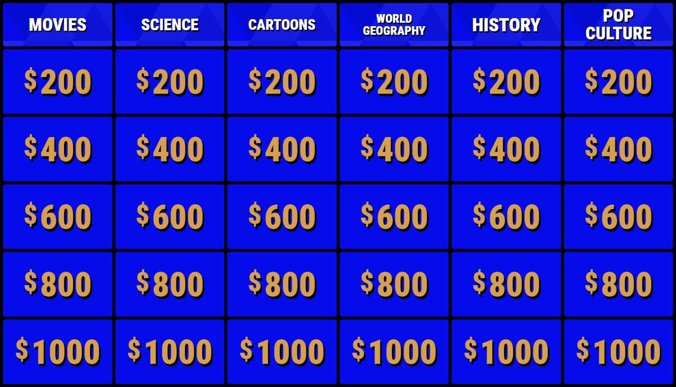 A Buzzinga Jeopardy game board with six categories and five rows of clues